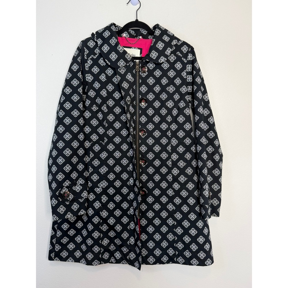 Hatley Women Black White Geometric Print Rain Jacket Pink Lining Size 12 Coat